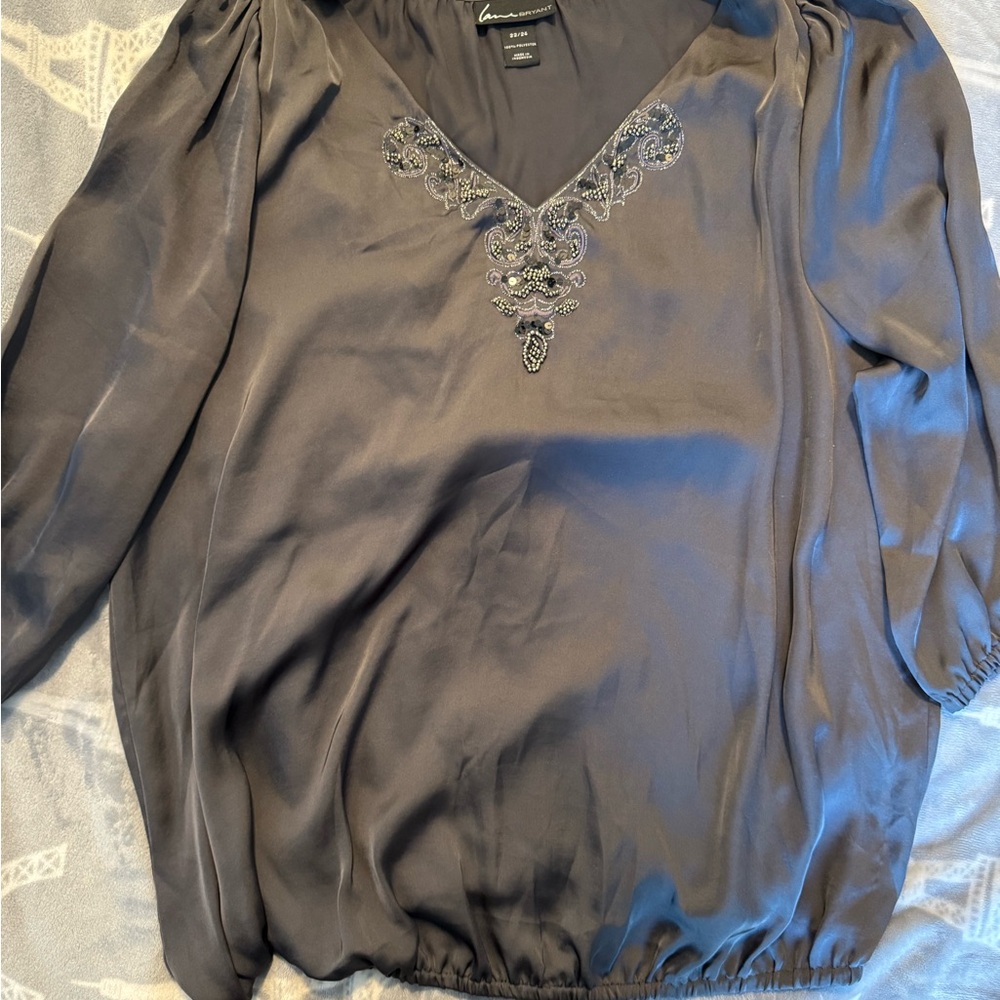 Lane Bryant Gray Embellished 3/4 Sleeve Blouse